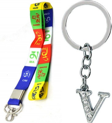 Deethyas Fashion Pack Of 2 Ladakh Tibetan Prayer 18 Inch Nylon Lanyard & Alphabet V Letter Metal Key Chain