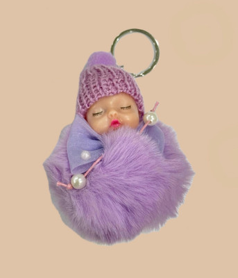 SHRI JI Cute Sleeping Furry Baby doll with cap PURPLE Key Chain