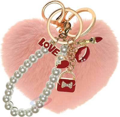 iAccessories Baby Pink Heart Pom Pom Keychain with Pearl for Bags & Wallets Key Chain