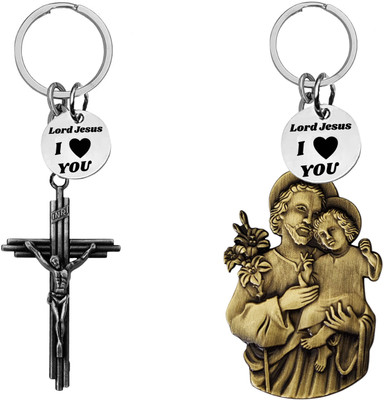M Men Style Jesus cross and Saint Joseph with Child Jesus Keychains Com670-636 Key Chain