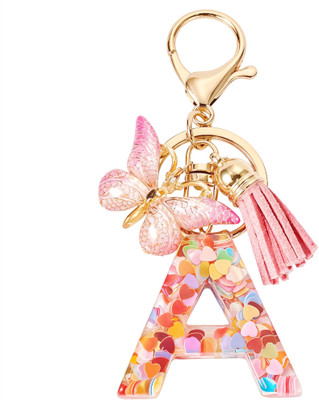 SUPVOX Letter A Keychain Pink Butterfly Resin Sequin Key Ring Gift Key Chain