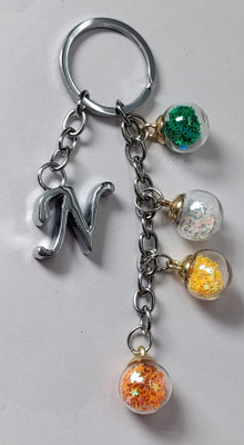 MOREL N ALPHABET KEYCHAIN WITH COLORIZED SHINING STAR DRIFTING GLASS 4 BOTTLE ROUND. Key Chain