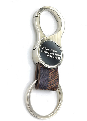 Jdp Novelty Round Shape Leather Metal Keychain with Drive Safe Massage Engraved Key Chain