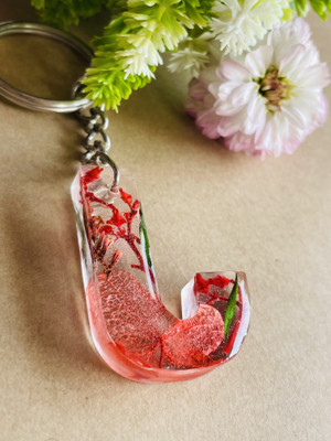 crafcan Resin letter J Keychain with real flowers Key Chain