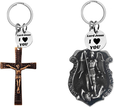M Men Style Jesus cross and Saint Michael Medal Keychains SKeyCom665-646 Key Chain