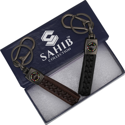 Sahib Collection Leather Laddakh Choti Keychain with Metal Hook (Black & Brown) Pack-2 Key Chain