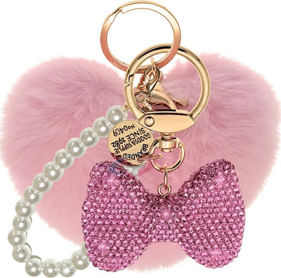 iAccessories Faux Fur Heart & Rhinestone Bow Keychain with Pearl Loop – Pink Charm Key Chain