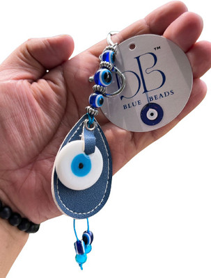 BLUE BEADS Blue and White Evil Eye Stone With Blue Leather Keychain Key Chain