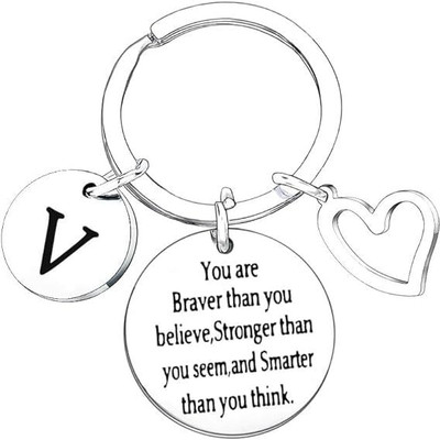 Artisans Crafted V – V Initial Keychain – Heart Charm & Quote Gift Key Chain