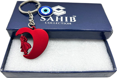 Sahib Collection Red Heart Rotating Couple with Evil Eye Metal Keychain Pack-1 Key Chain