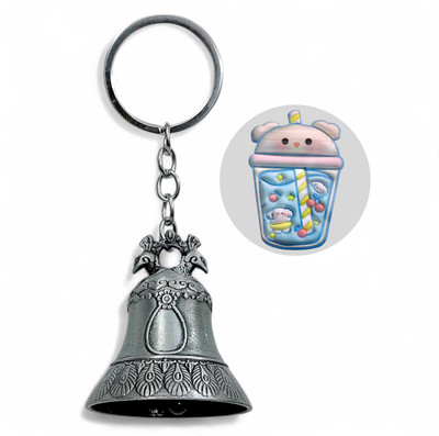 AMANVANI Silver Guardian Bell Keychain With Pouch, Metal Bell For Good Luck, Bike Car Key Chain