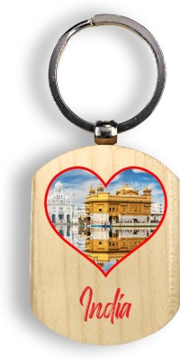 Regalocasila Eye Catching Golden Temple Printed Tourism Souvenir Wooden India Tourist Keyring Key Chain