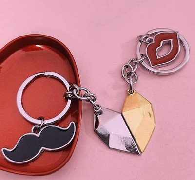 WOJJOY Couple Combo - Half Heart with Mustache & Lips Charm Key Chain