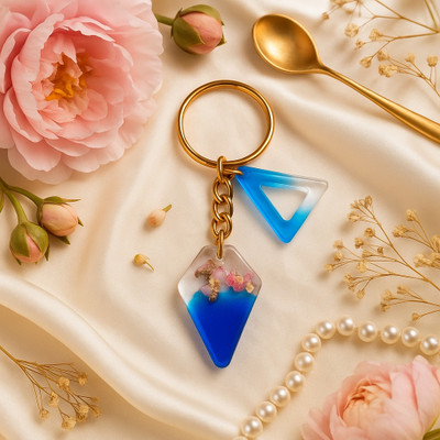 Resinbysona Ocean Resin Handmade Keychain with Blue Floral Gold Foil Design ORK-2025 Key Chain