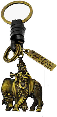 AFH Lord Krishna with Cow Idol Bronze Charm Leather Religious Keychain Key Chain