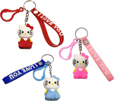 BIPS ENTERPRISES Cute Kitty Blue, Red And Pink Colour 3d Band Rubber Keychain Combo (Pack Of 3) Key Chain