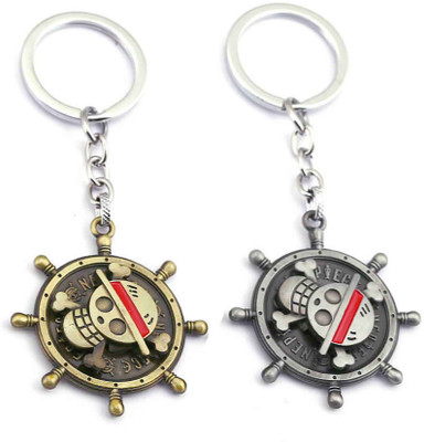 RV Mart Anime Luffy One Piece Ship Wheel Skull Rotating Metal Keychain Key Chain 2 Pcs Key Chain