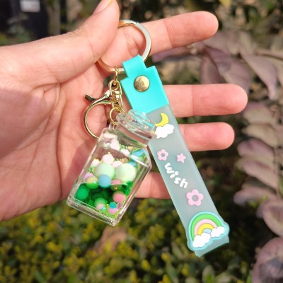 OFM Green Floating Bubbles Bliss Liquid Filled Acrylic Bottle KeyRing Key Chain