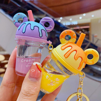 gtrp Cartoon Mickey Head Keychain Cute Donut Milk Tea Cup Liquid Quicksand Key Chain