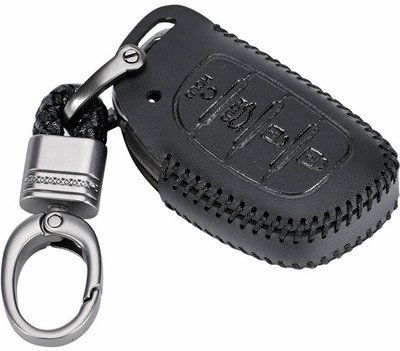 CONTACTS Soft Leather Car Key Cover Compatible with Hyundai 4 Button Smart Key With Key Chain