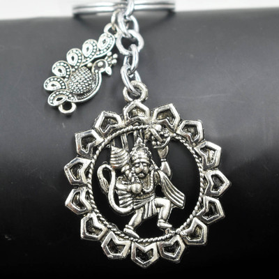 AFH Lord Flying Hanuman Peacock Charm Silver keychain for Men and Women Key Chain