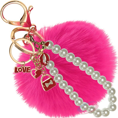 iAccessories Hot Pink Faux Fur Pom Pom Pearl Keychain for Girls Handbags & Wallets Key Chain