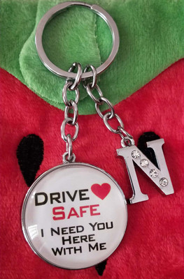 ShopTop White Drive Safe Oval glass and N letter Initial Key Chain