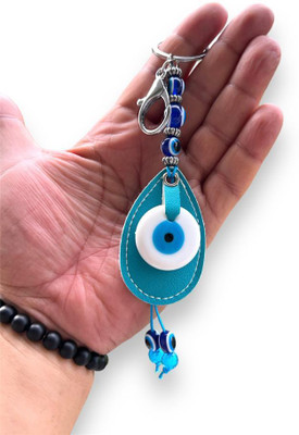 BLUE BEADS White Evil Eye Stone With Turquoise colour Leather Keychain For Bike/Car Key Chain