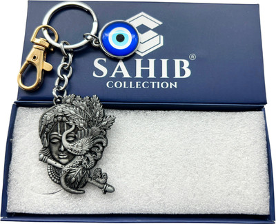 Sahib Collection Dual Sided Krishna Face Flute Evil Eye & Gold Hook Metal Keychain Grey Pack1 Key Chain