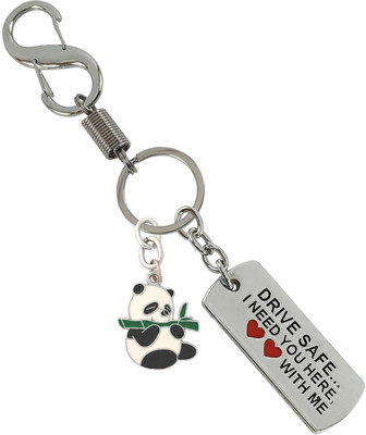 SHOKY LOOKS Stainless Steel Metal Drive Safe Message With Bamboo Panda Locking Hook Key Chain