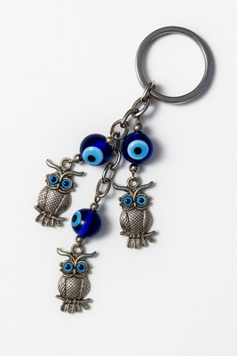 Tritra Three Owl Evil Eye Keychain - Blue & Silver Key Chain