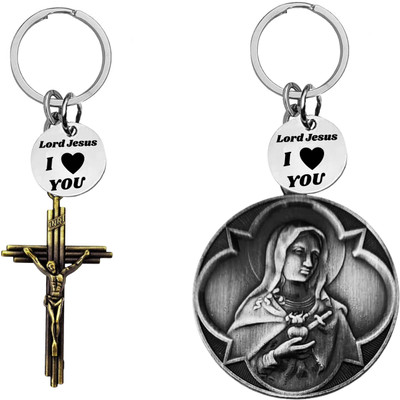 M Men Style Jesus cross & Virgin Mary Keychains with ‘Lord Jesus I Love You’Charm Com669-628 Key Chain