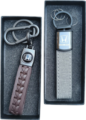 JNV Brown And Grey Leather Keychain Compatible With HONDA Cars Key Chain