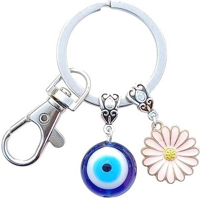 Shilpmart Evil Eye Keychain with Pink Daisy Charm, Blue Glass Protection Amulet Key Chain