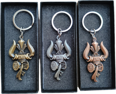 JNV Combo Of Shiv Shankar Trishul Damru Om Double Side Metal Keychain (Pack Of 3) Key Chain