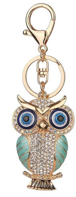 BLUE BEADS Gold with Evil Eye Crystal Rhinestone Sparkling Owl Keyring Key Chain