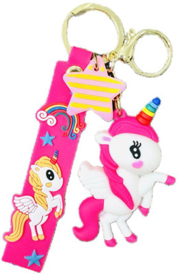 SHRI JI PVC 3D Flying Unicorn Keychain with Strap & Charm (Dark Pink) with Hook Key Chain