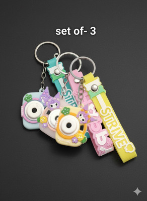 TOTOS Cute Cartoon Camera Keychains Combo (Yellow, Pink, Green) for Bags & Keys Key Chain