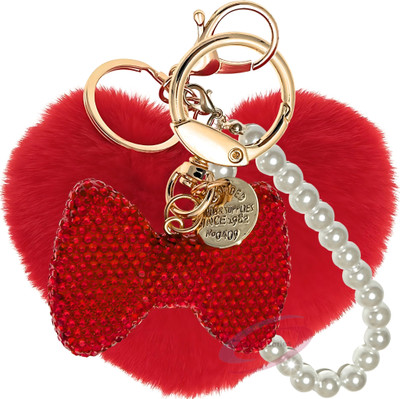 iAccessories Faux Fur Heart & Rhinestone Bow Keychain with Pearl Loop – Red Charm Key Chain