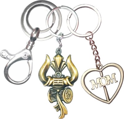 KV Fashion Lord Shiva Trishul Damru & MOM Rotating Heart Design With Hook Keychain Combo 3 Key Chain