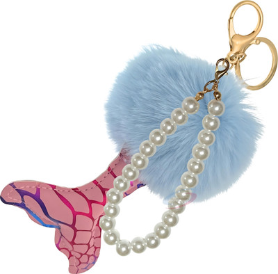 iAccessories Fluffy Faux Fur Fairy Pearls Pom Pom for Bags Scooty Bike Car Light Blue Key Chain