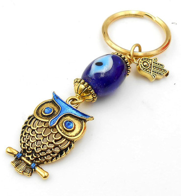 BLUE BEADS Gold Lucky Owl with Feng Shui Evil Eye Beads Car Bike Keychain For Men and Women Key Chain