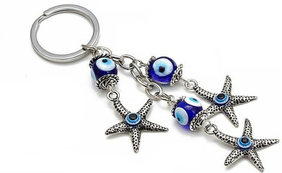 BLUE BEADS Evil Eye with 3 Star Fish Keychain For Bike/Car Gifting With Key Ring Key Chain