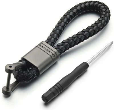 CONTACTS Black Braided Keychain Leather Strap Keyring PU Rope Keyring with Zinc Alloy Key Chain