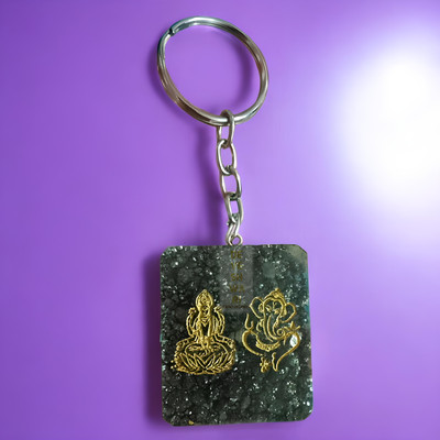 Deveshwari Handcrafted Pyrite Chunk Square Shape with Laxmi Ganpati Engraved Metallic Ring Key Chain