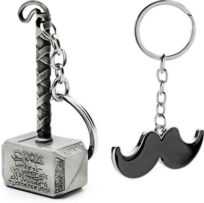 Yeahmom Mustache Stud With Thor Hammer Design Stainless Steel Key Chain Pack of 2 Key Chain
