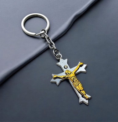 swagtreg Jesus Cross Metal Keychain | Religious Crucifix Key Ring | Silver & Gold Finish Key Chain
