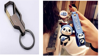 gtrp New Car Key Ring Business for Men, Black+Cute 3D Panda With Charm (Blue) Key Chain