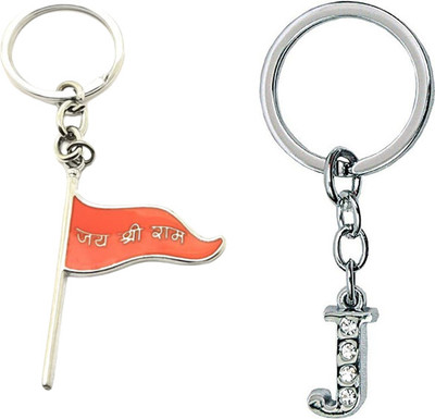 Newview J Alphabet Jai Shree Ram Flag Metal Keychain and Keyring (Orange) Key Chain