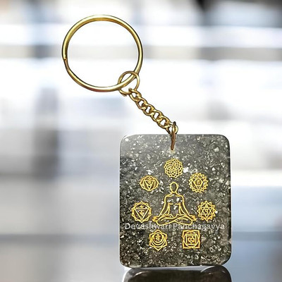 Deveshwari Handcrafted Pyrite Powder Square Design with 7 Chakra Engravings & Metallic Ring Key Chain